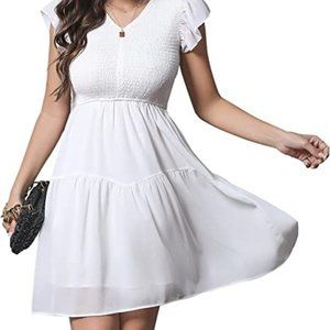 Women's Flutter Sleeve Smocked Dress V Neck High Waist Casual Tiered Swing